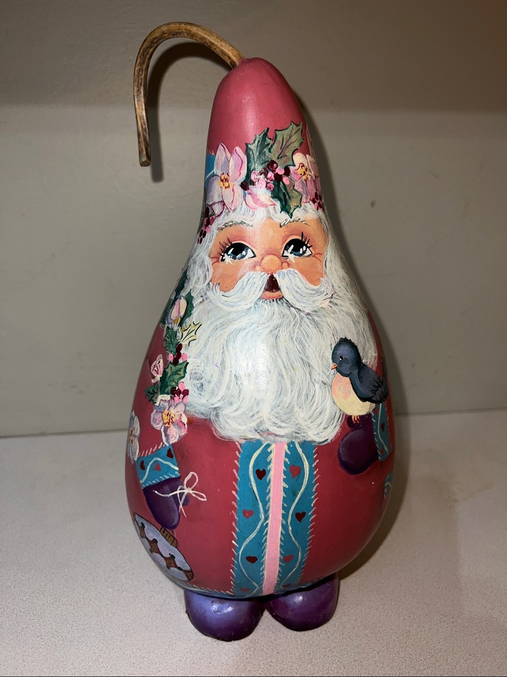 Hand-Painted Santa Gourd Holiday Figurine with bird